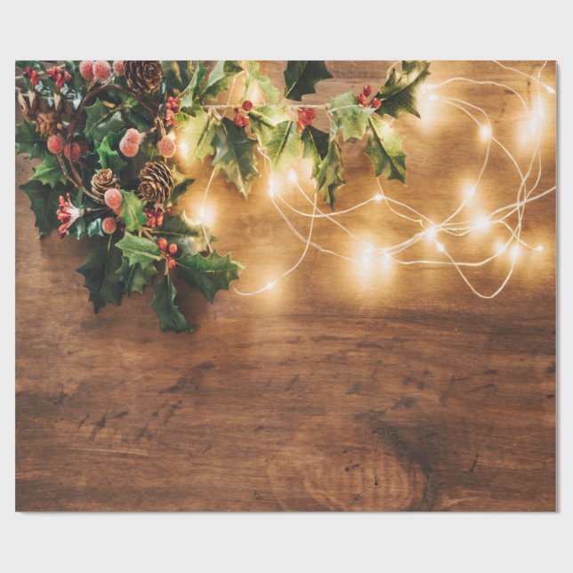 Green Mistletoe, String Lights, Weihnachten Geschenkpapier (Flach)