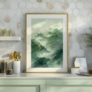 Green Misty Mountain Landscape Art Leinwanddruck