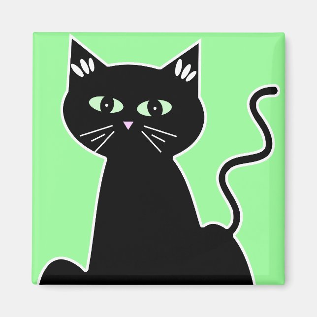 Green Mit Augen Black Cat Cartoon Art Magnet (Vorne)