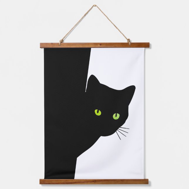 Green Mit Augen Black Cat Wandteppich Mit Holzrahmen (Vorderseite)