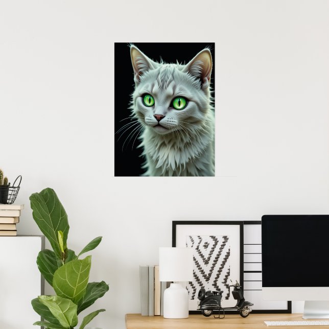 Green Mit Augen Cat Portrait Mystical Cat Art Poster (Heimbüro)