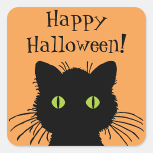 Green Mit Augen Halloween Black Cat Design Quadratischer Aufkleber