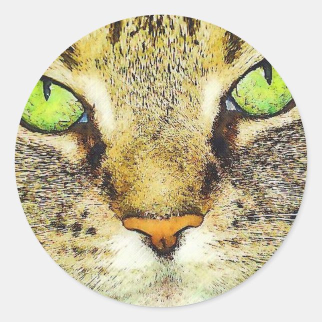 Green Mit Augen Tabby Cat Runder Aufkleber (Vorderseite)