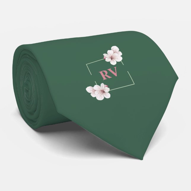 Green Mit Monogramm Wild Cherry Blossom Krawatte (Gerollt)