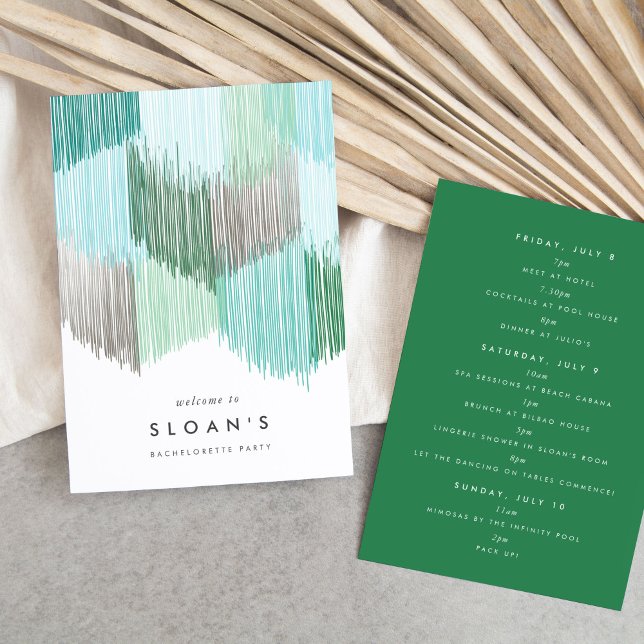 Green Modern Fringe Junggeselinnen-Abschied Tour Save The Date (Green modern fringe fiesta bachelorette party itinerary cards.)