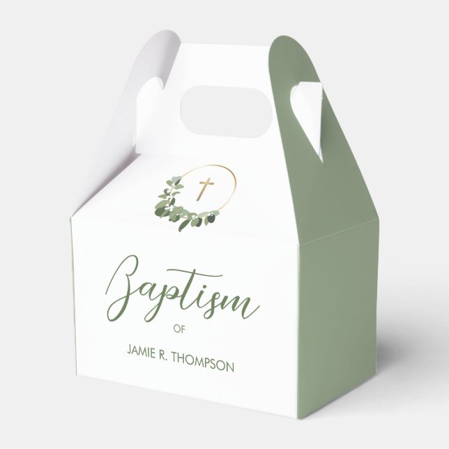 Green Modern Kranz Gold Kreuzung Taufe Geschenkschachtel (Vorderseite)