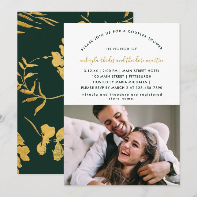 Green Modern Script Couples Dusche Imitats Gold Fo Einladung (Vorne/Hinten)