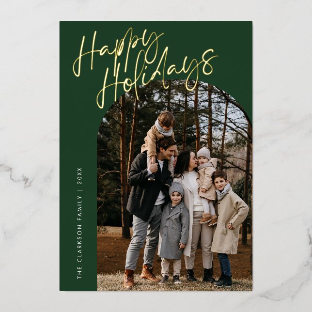 Green Modern Script Happy Holidays Arch 2 Foto Folien Feiertagskarte (Vorderseite)
