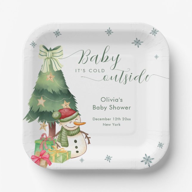 Green Modern Winter Snowman Baby Shower Pappteller (Vorderseite)
