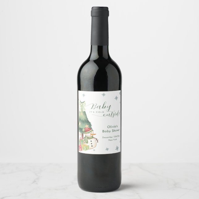 Green Modern Winter Snowman Baby Shower Weinetikett (Vorderseite)