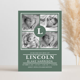 Green Monogram Baby Boy Birth Announccard Ankündigung