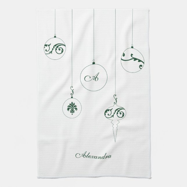 Green Monogram Bauble Ornaments Personalisierter N Geschirrtuch (Vertikal)