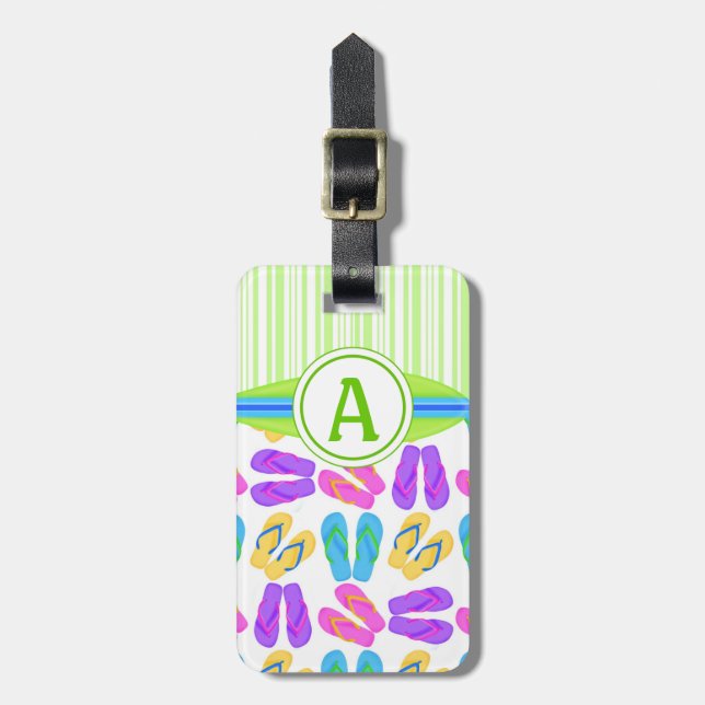 Green Monogram Flip Flops und Surfboard Beach Gepäckanhänger (Vorderseite vertikal)