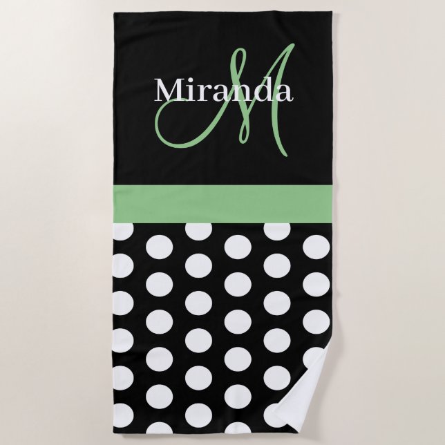 Green Monogram Schwarz-weiß Polka Dot Beach Handtu Strandtuch (Vorderseite)
