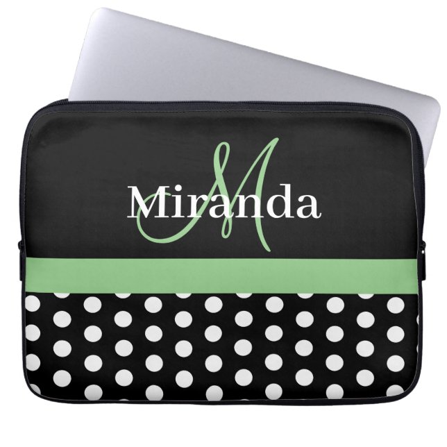Green Monogram Schwarz-weiß Polka Dot Laptopschutzhülle (Vorderseite)