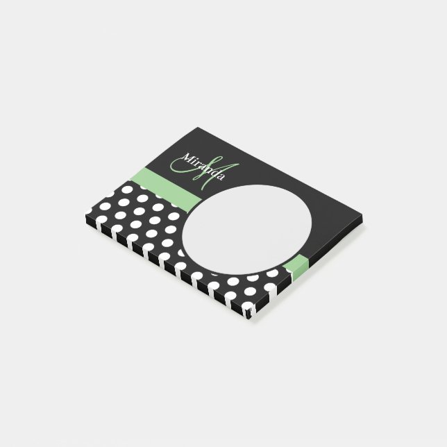 Green Monogram Schwarz-weiß Polka Dot Post-it Klebezettel (angewinkelt)