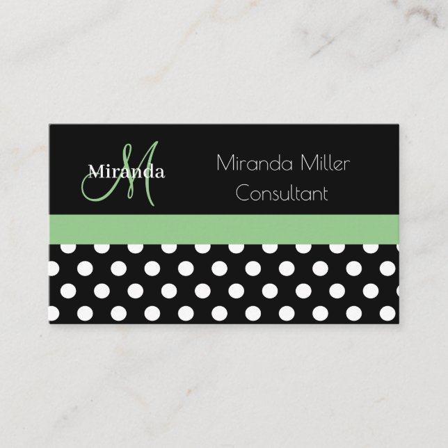 Green Monogram Schwarz-weiß Polka Dot Visitenkarte (Vorderseite)