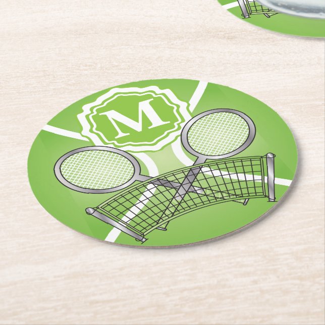 Green Monogram Tennis Runder Pappuntersetzer (Angewinkelt)