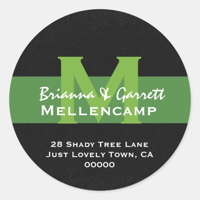 Green Monogram Wedding Address Label L201E Runder Aufkleber (Vorderseite)