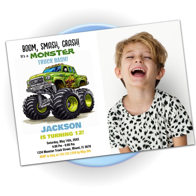 Green Monster Truck Birthday Einladungen Foto (Green Monster Truck Birthday Invitations Photo)