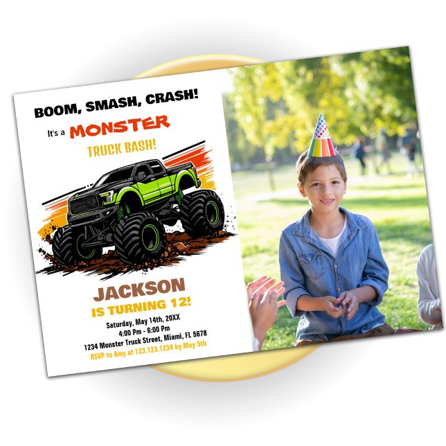 Green Monster Truck Birthday Einladungen Foto (Green Monster Truck Birthday Invitations Photo)