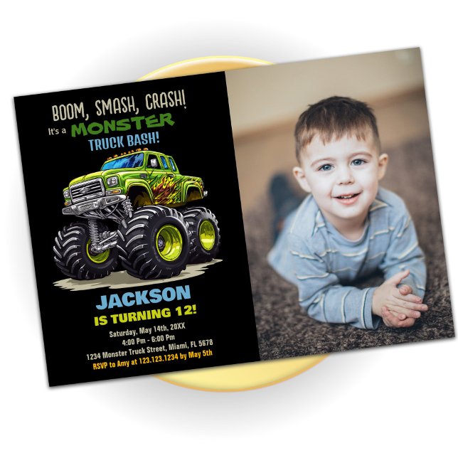 Green Monster Truck Birthday Einladungen Foto (Green Monster Truck Birthday Invitations Photo)