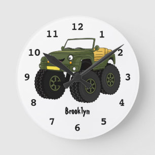 Green monster truck cartoon illustration runde wanduhr