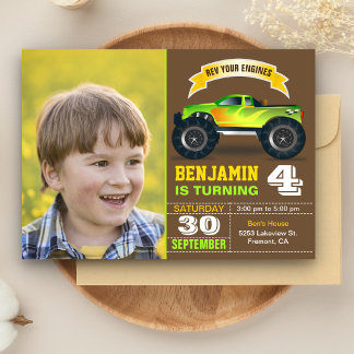 Green Monster Truck Kids Foto Geburtstagsparty Einladung