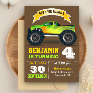 Green Monster Truck Kindergeburtstag Party Einladu Einladung