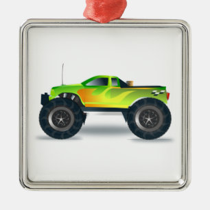 Green Monster Truck mit beidseitig bedruckten Flam Ornament Aus Metall