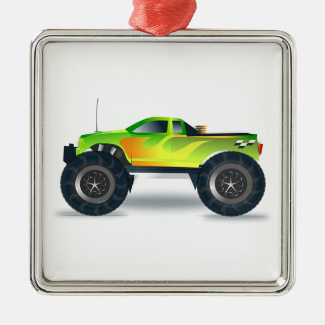 Green Monster Truck mit beidseitig bedruckten Flam Ornament Aus Metall (Vorne)