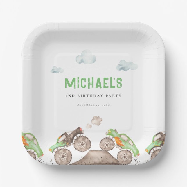 Green Monster Trucks Jam Birthday Pappteller (Vorderseite)