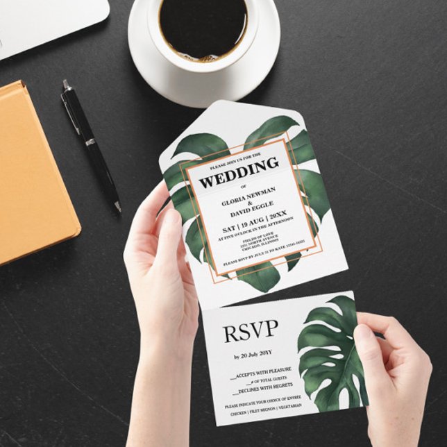 Green Monstera Leaf Alles in einer Hochzeit Einlad All In One Einladung (Von Creator hochgeladen)