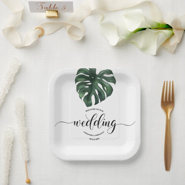 Green Monstera Leaf Wedding Empfang Pappteller (Hochzeit)