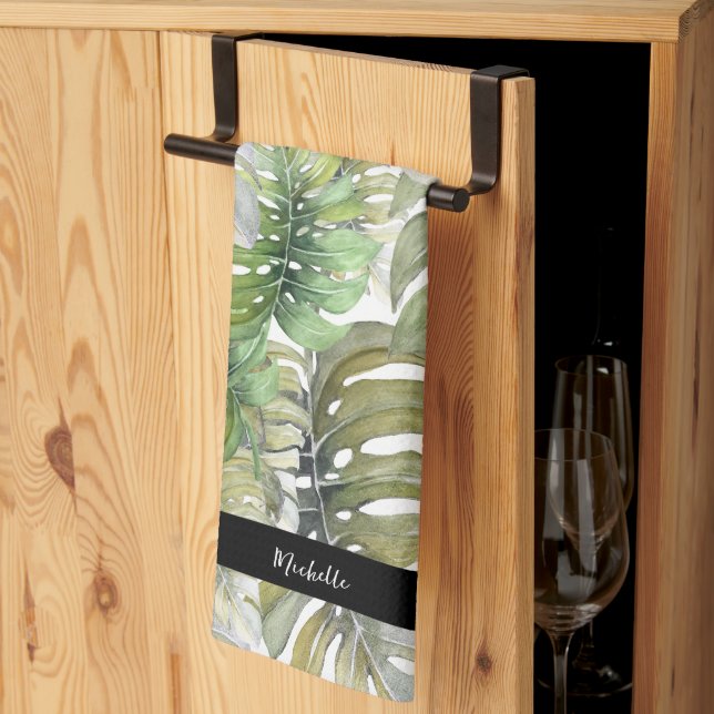 Green Monstera Palm Koch Mit Monogramm Geschirrtuch (Drittel gefaltet)