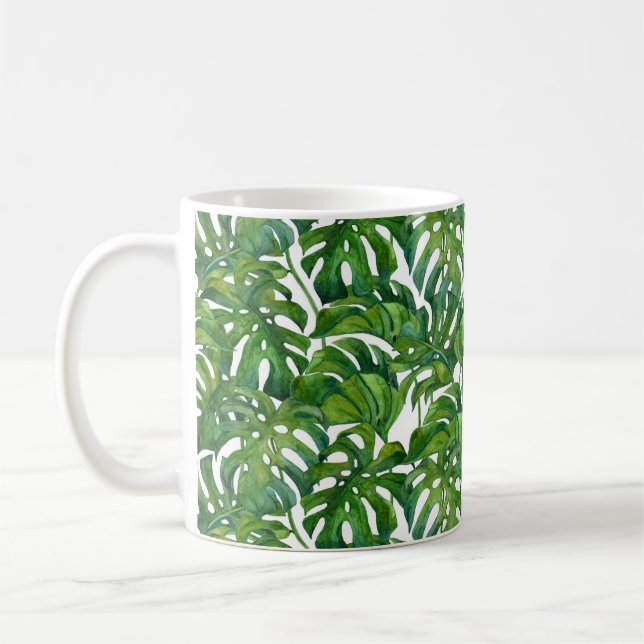 Green Monstera Verlasse tropisch nahtlos Kaffeetasse (Links)