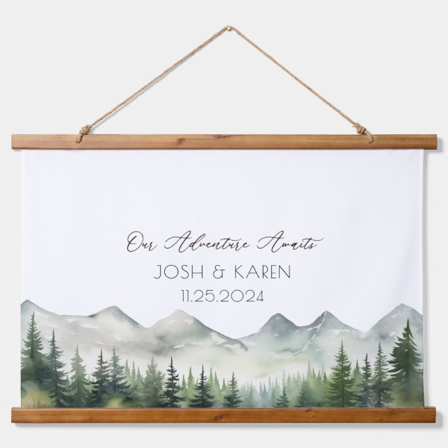 Green Mountain Alternative Wedding Guest Book Wandteppich Mit Holzrahmen (Vorne)