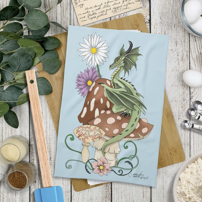 Green Mushroom Dragon Fantasy Blume Geschirrtuch (Von Creator hochgeladen)