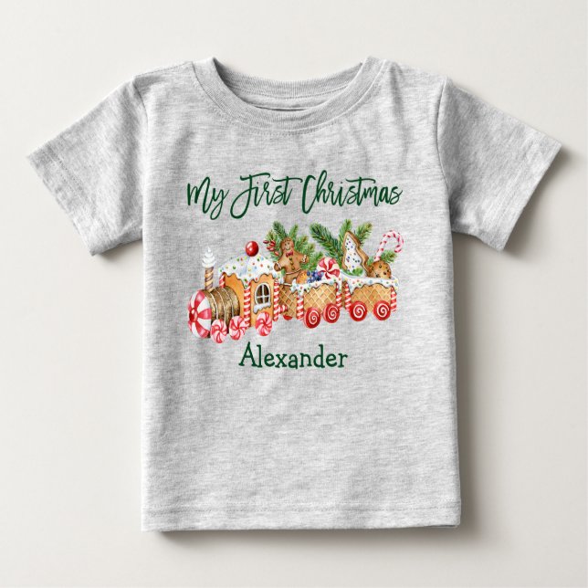 Green My First Christmas Gingerbrot Train Gray Baby T-shirt (Vorderseite)
