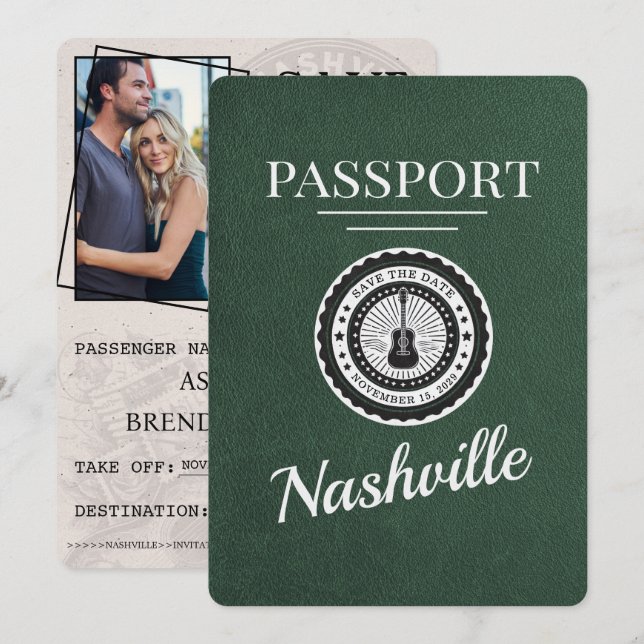 Green Nashville Passport Save the Date (Vorne/Hinten)