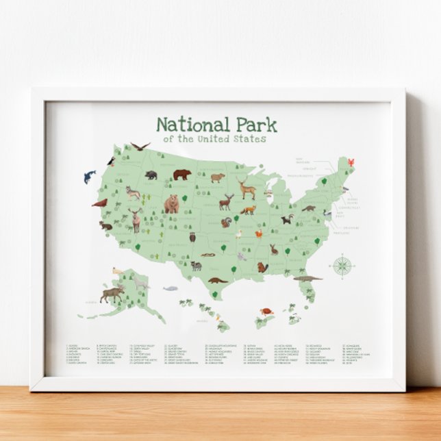 Green National Park Map Woodland Kinderzimmer Prin Poster (Green National Park Map Woodland Nursery Print)