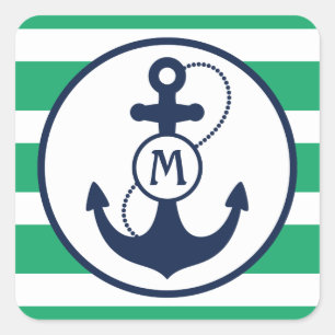 Green Nautic Anchor Monogram Quadratischer Aufkleber