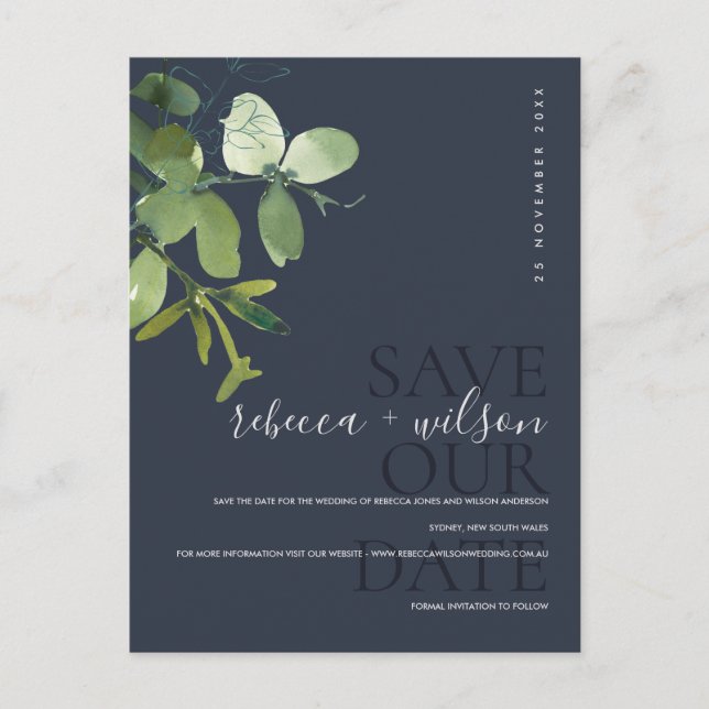 GREEN NAVY EUCALYPTUS WATERCOLOR SAVE THE DATE ANKÜNDIGUNGSPOSTKARTE (Vorderseite)
