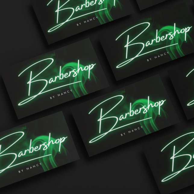 Green Neon Barbershop Handgeschriebenes Script Bar Visitenkarte (Von Creator hochgeladen)