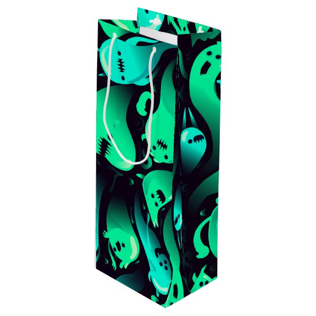 Green Neon Ghost Pattern Geschenktüte Für Weinflaschen (Vorderseite Schrägansicht)