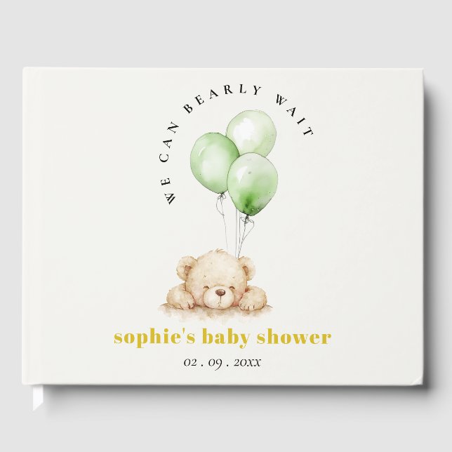 Green Neutral Bearly Wait Balloon Baby Shower Gästebuch (Vorderseite)