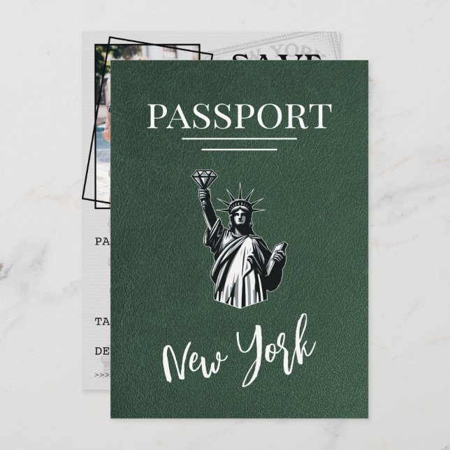 Green New York City Passport Save the Date (Vorne/Hinten)