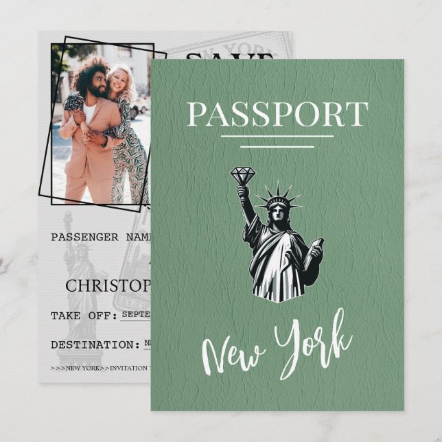 Green New York City Passport Save the Date (Vorne/Hinten)