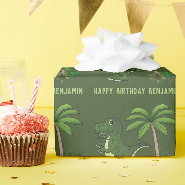Green Niedlich Cartoon T-rex Dinosaur Happy Birthd Geschenkpapier (Geburtstagsparty)