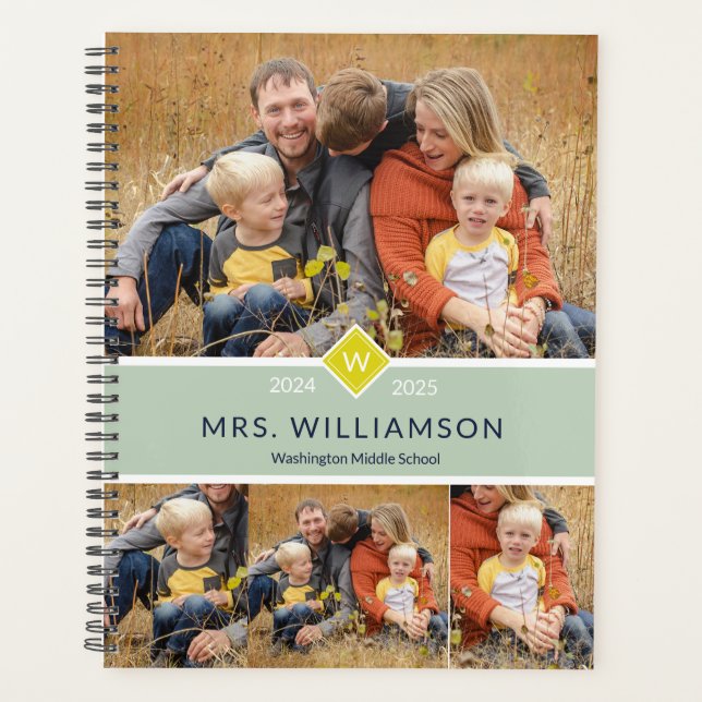Green Niedlich Monogram und Foto Teacher Plane Planer (Vorderseite)